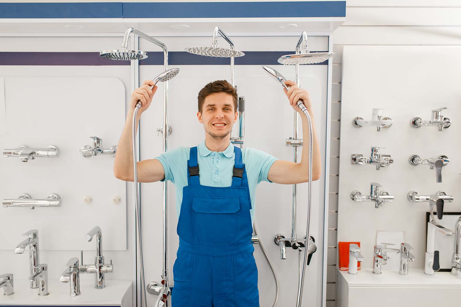 plumber choosing shower in plumbing store