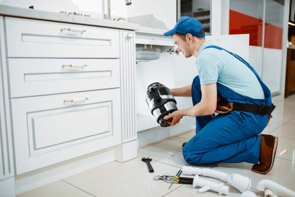 male plumber in uniform installing disposer